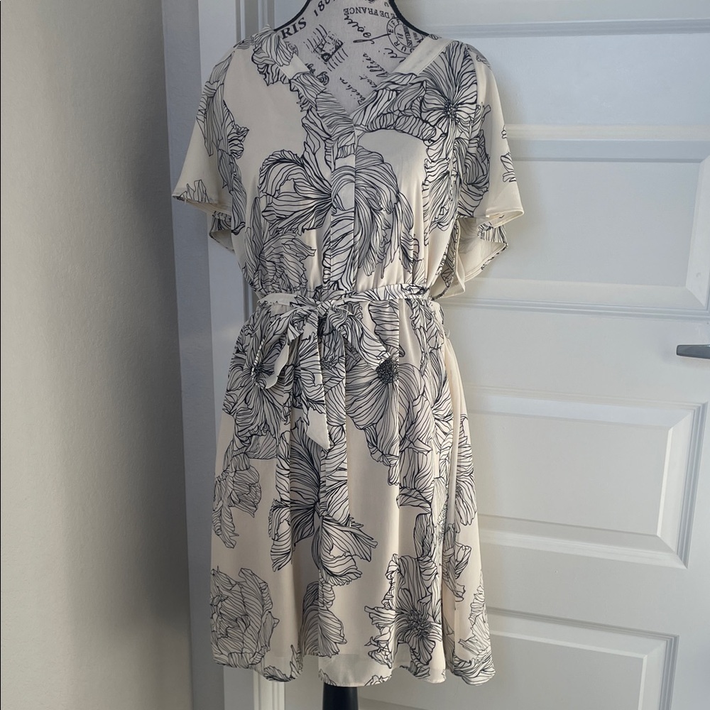 H&M Cream Mini Dress with Black Floral Sketch Print